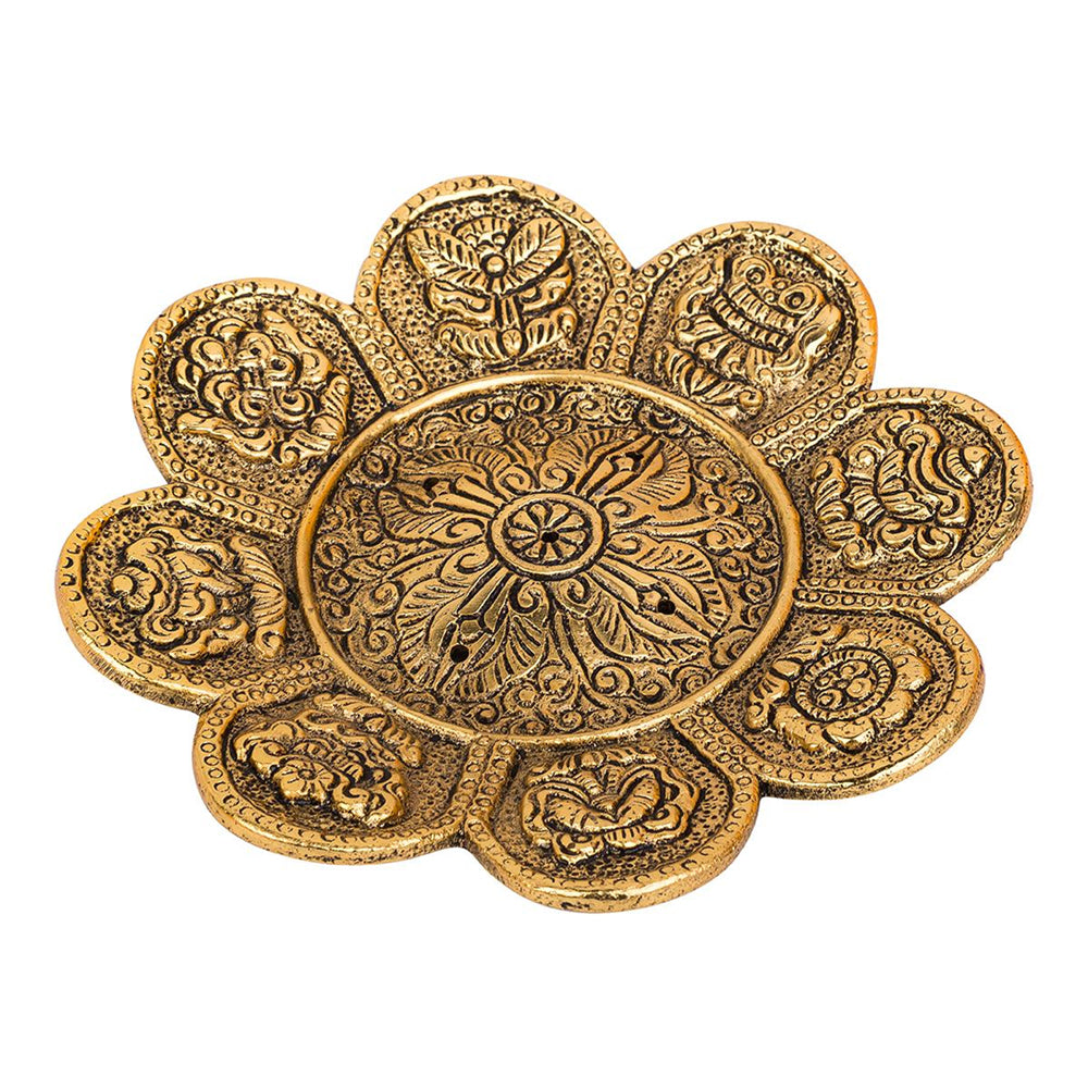 8 Auspicious Symbols Round Gold Aluminium Incense Burner - 11cm